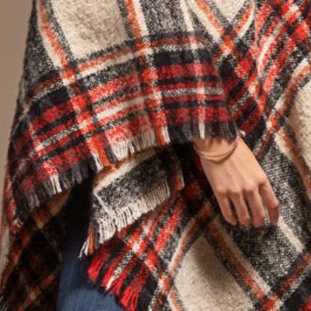 Poncho Multi Color Plaid w Frayed Fringe - Red Black & White - Picture 3 of 6
